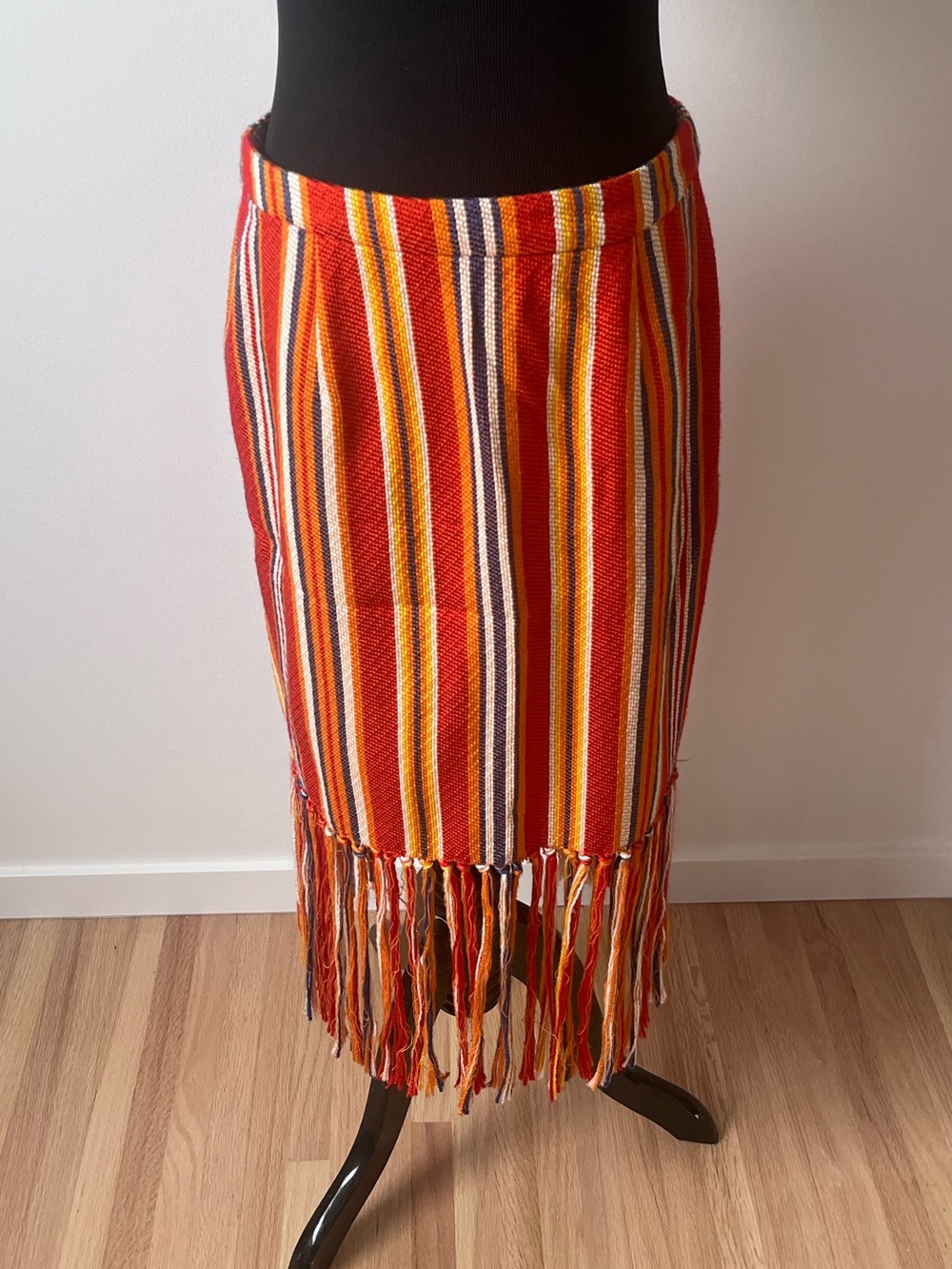 Pink Tartan Striped Fringe Midi Skirt in Red, Orange and Yellow